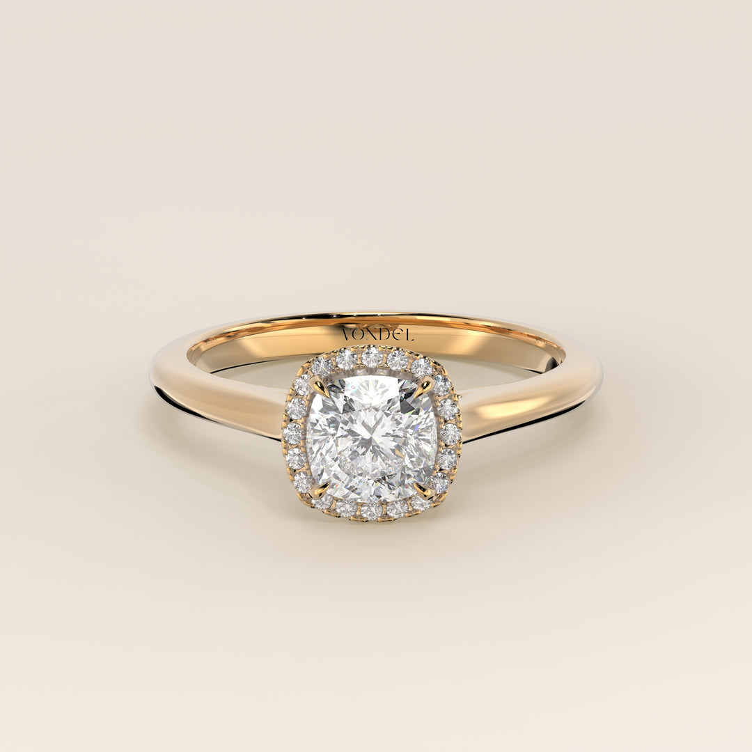 Verlovingsring cushion halo lab grown diamant met cathedral en hoge zetting, geelgoud