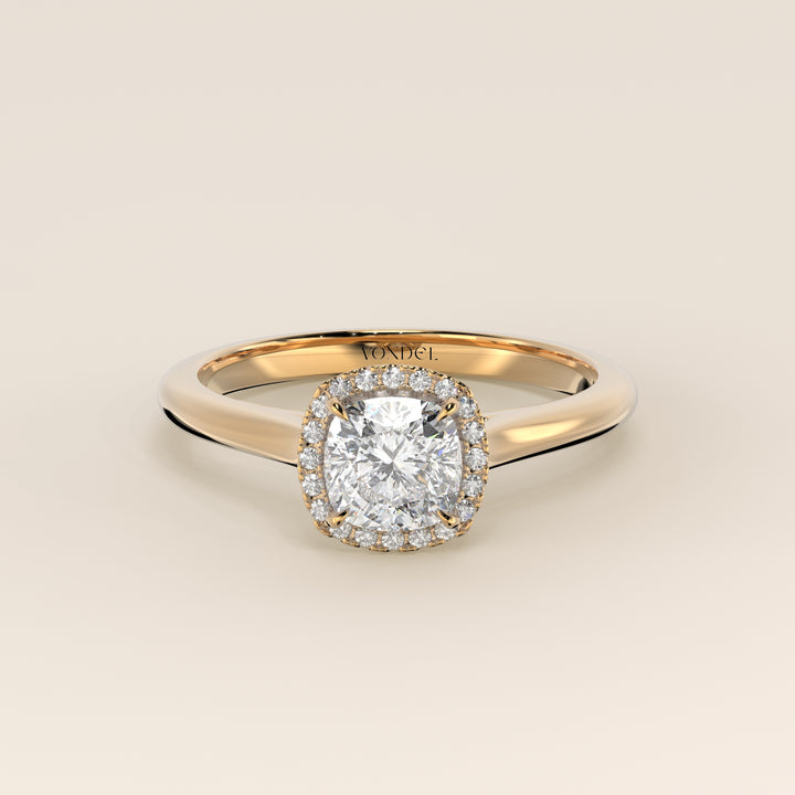 Verlovingsring cushion halo lab grown diamant met cathedral en hoge zetting, geelgoud