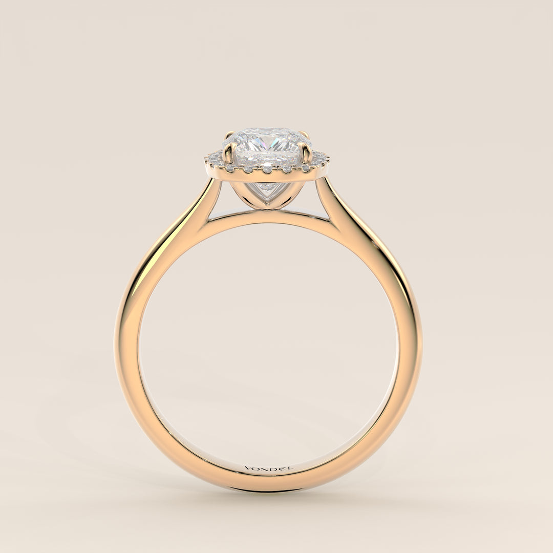 Verlovingsring cushion halo lab grown diamant met cathedral en hoge zetting, geelgoud