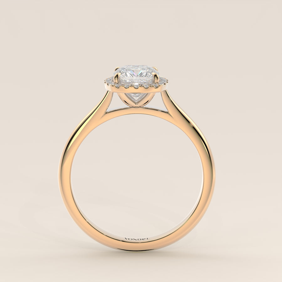 Verlovingsring cushion halo lab grown diamant met cathedral en hoge zetting, geelgoud
