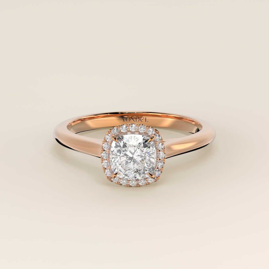 Verlovingsring cushion halo lab grown diamant met cathedral en hoge zetting, rosegoud