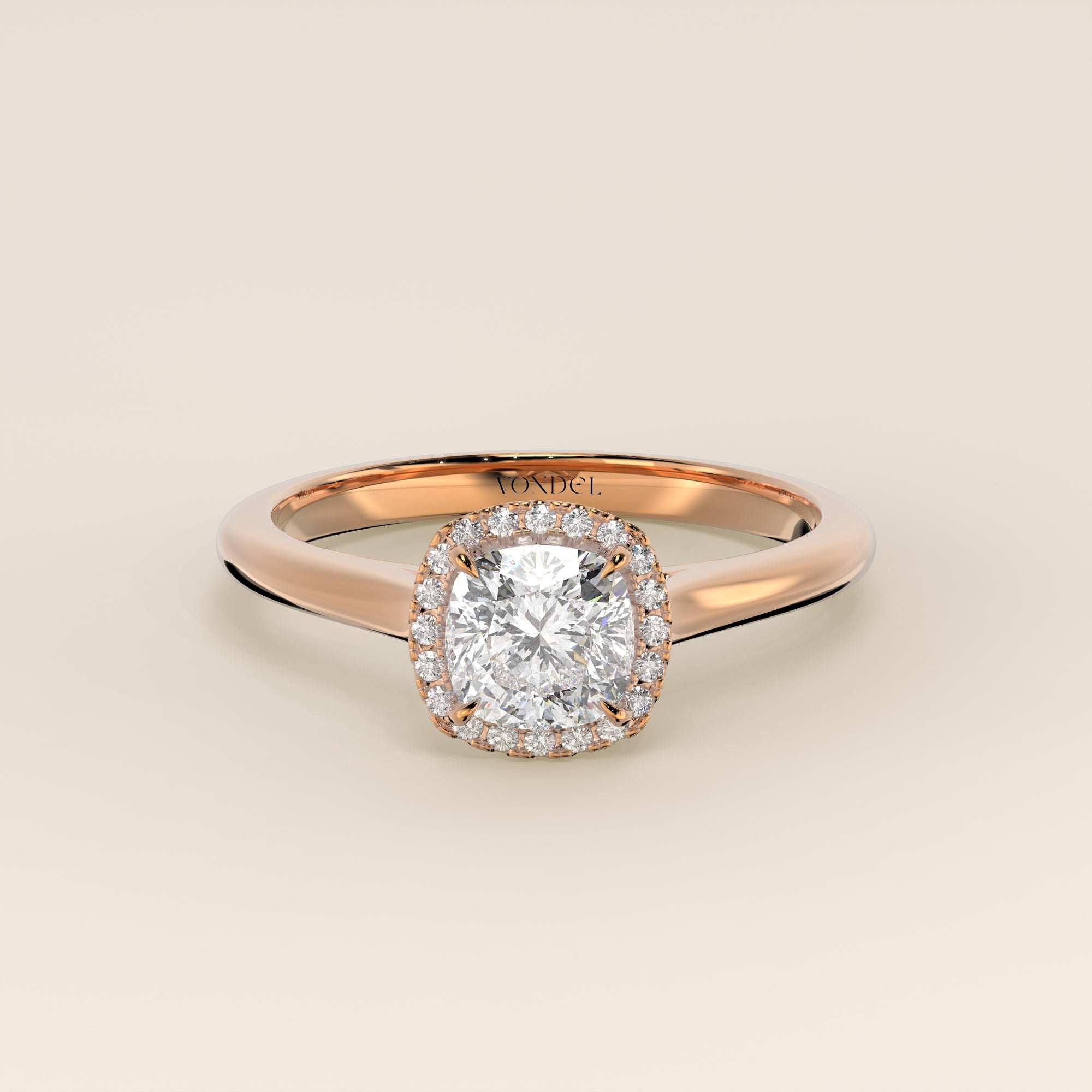 Verlovingsring cushion halo lab grown diamant met cathedral en hoge zetting, rosegoud