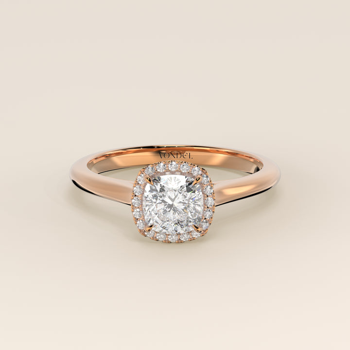 Verlovingsring cushion halo lab grown diamant met cathedral en hoge zetting, rosegoud