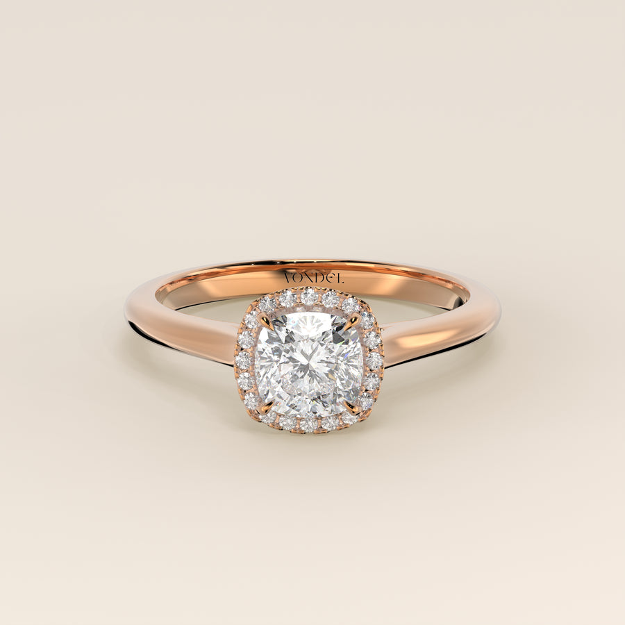 Verlovingsring cushion halo lab grown diamant met cathedral en hoge zetting, rosegoud