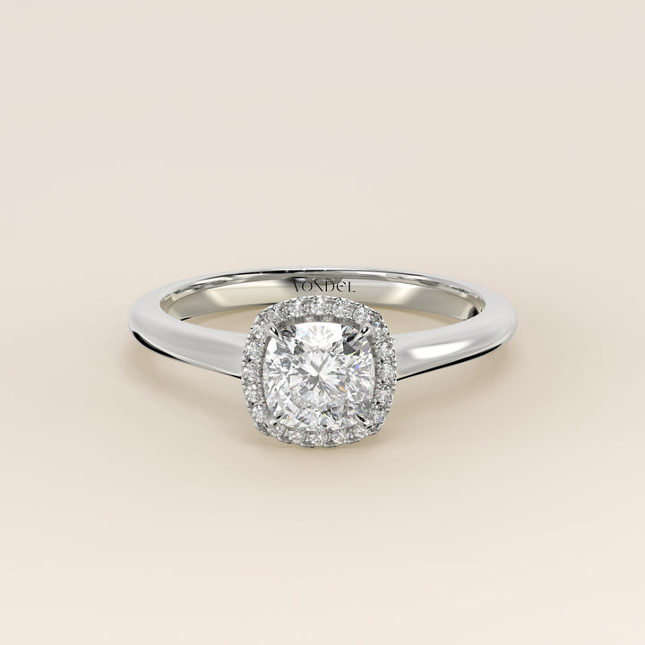 Verlovingsring cushion halo lab grown diamant met cathedral en hoge zetting, witgoud