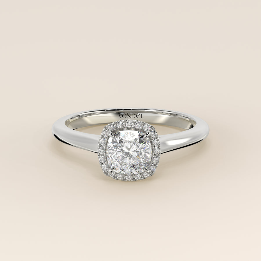 Verlovingsring cushion halo lab grown diamant met cathedral en hoge zetting, witgoud