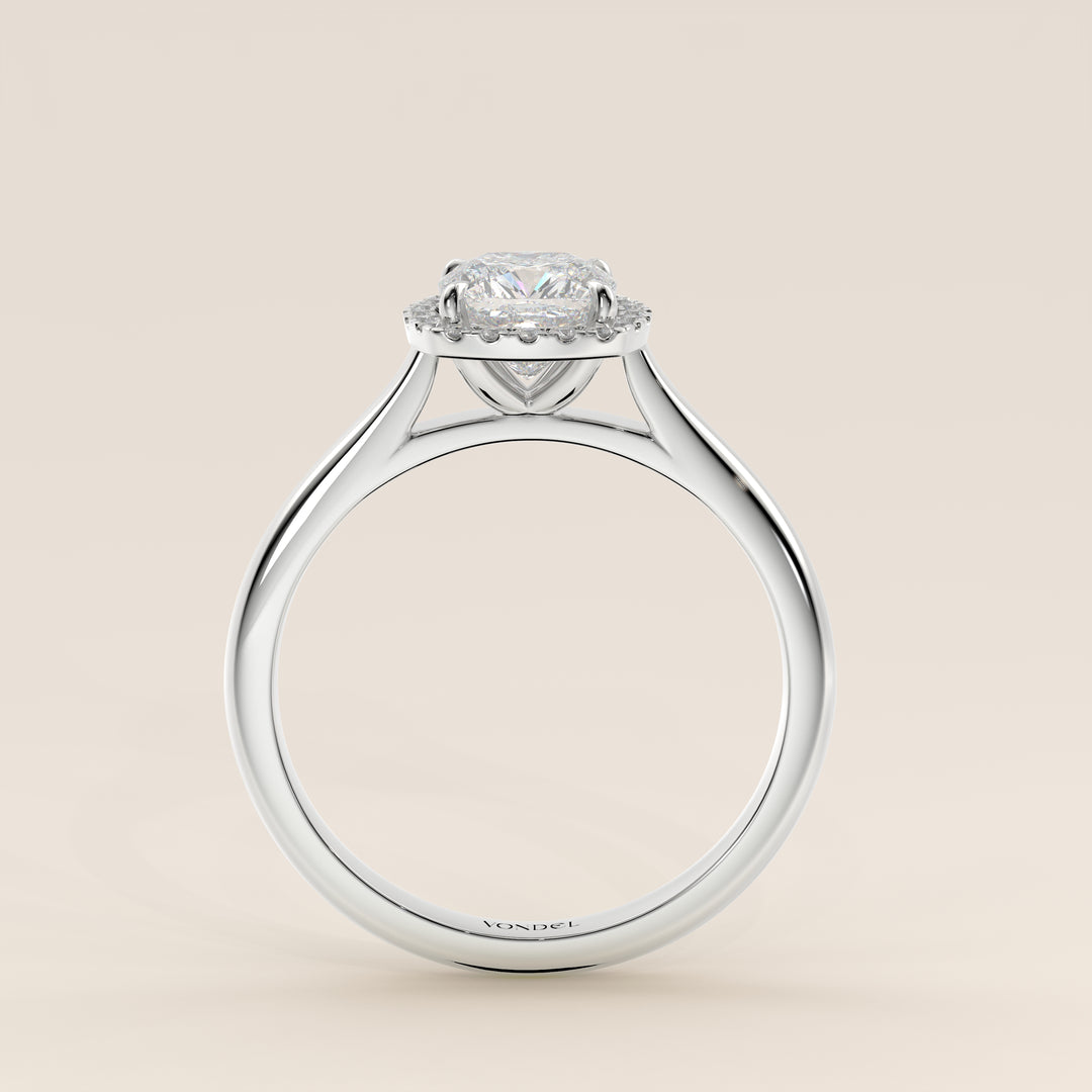 Verlovingsring cushion halo lab grown diamant met cathedral en hoge zetting, witgoud