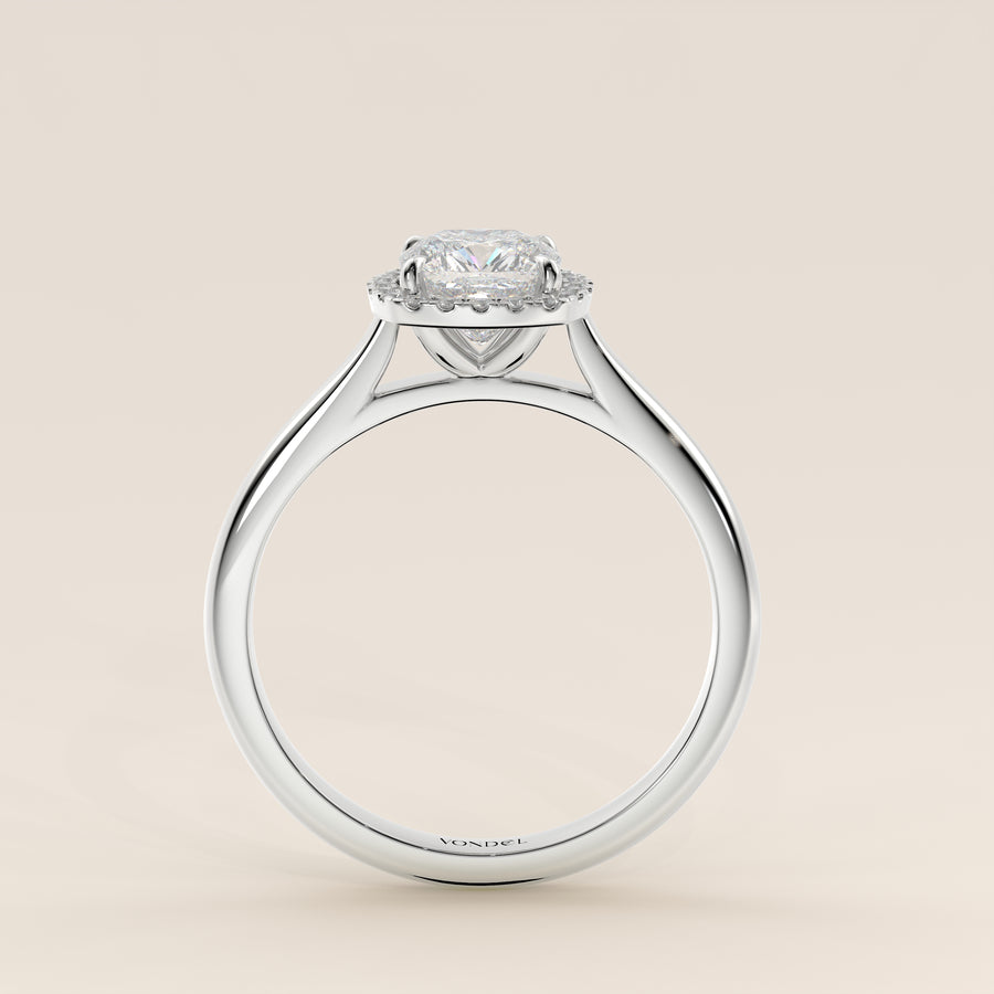 Verlovingsring cushion halo lab grown diamant met cathedral en hoge zetting, witgoud