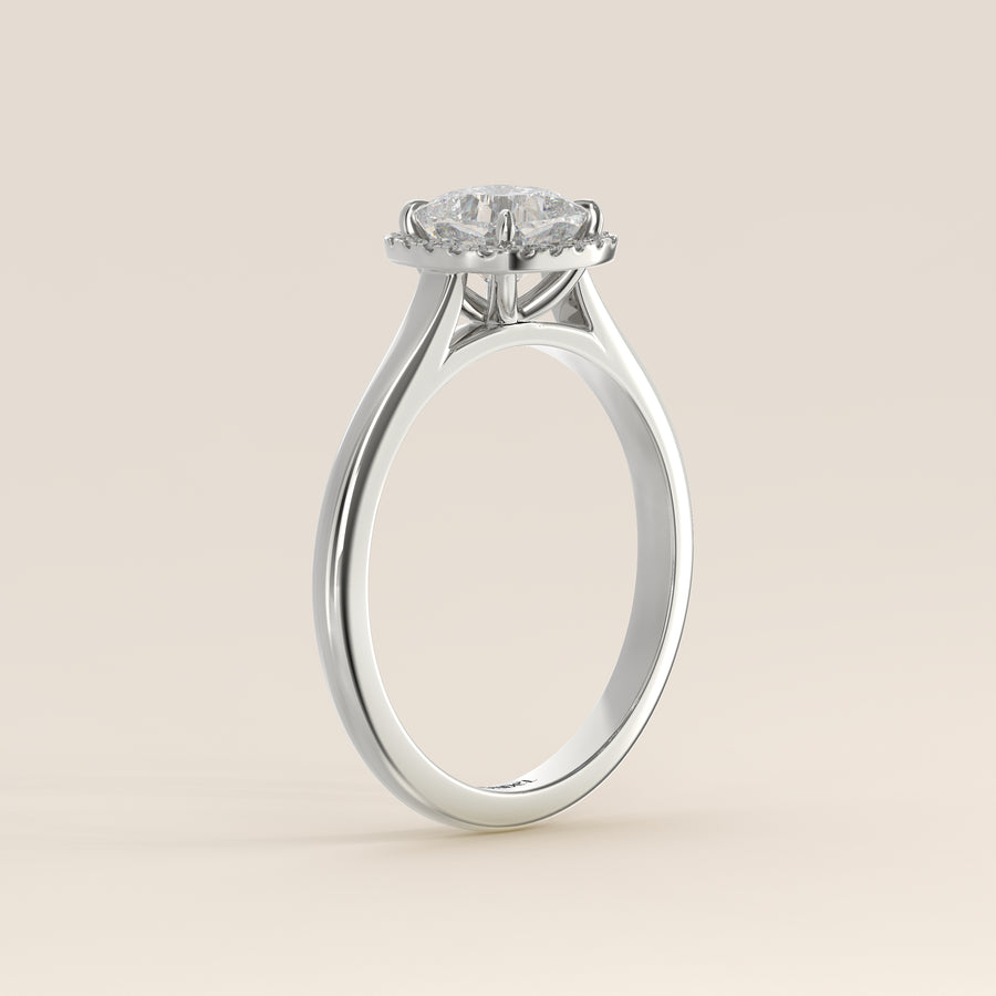 Verlovingsring cushion halo lab grown diamant met cathedral en hoge zetting, witgoud