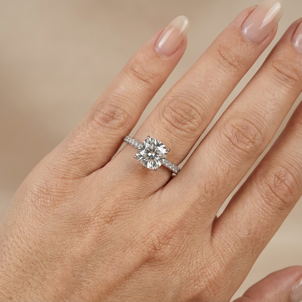 Verlovingsring cushion lab grown diamant met cathedral zetting, pave band en hidden halo, witgoud