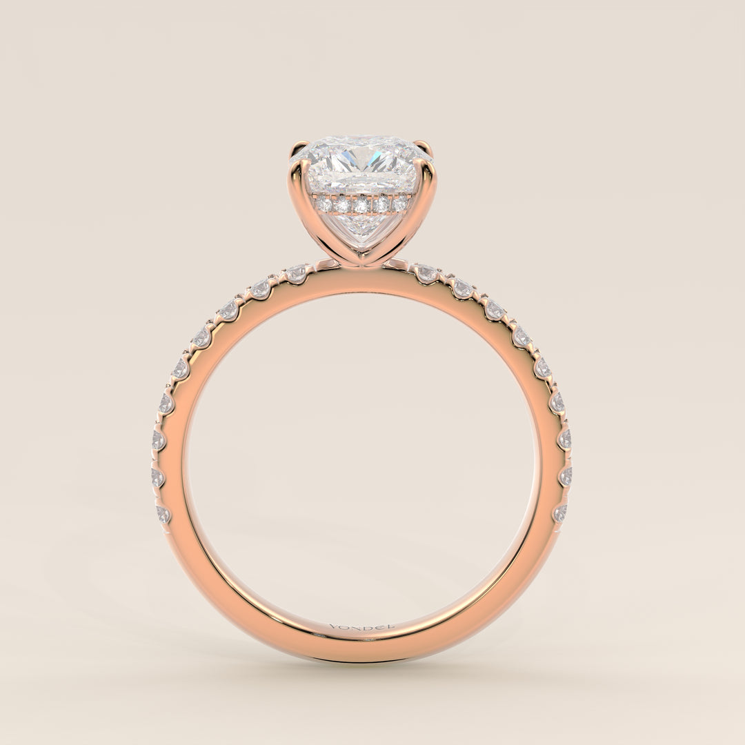 Verlovingsring cushion lab grown diamant met hidden halo en pave band, rosegoud