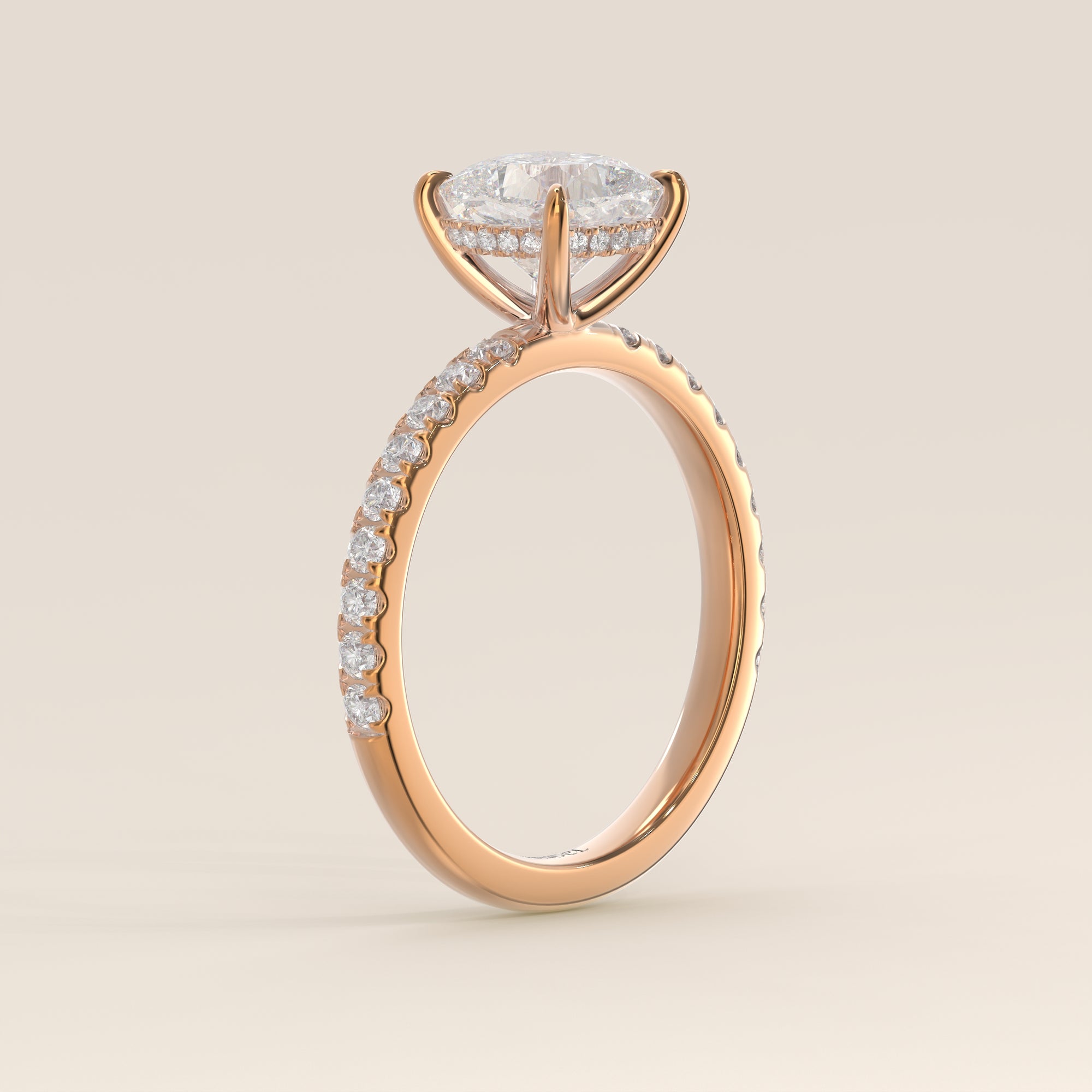 Verlovingsring cushion lab grown diamant met hidden halo en pave band, rosegoud