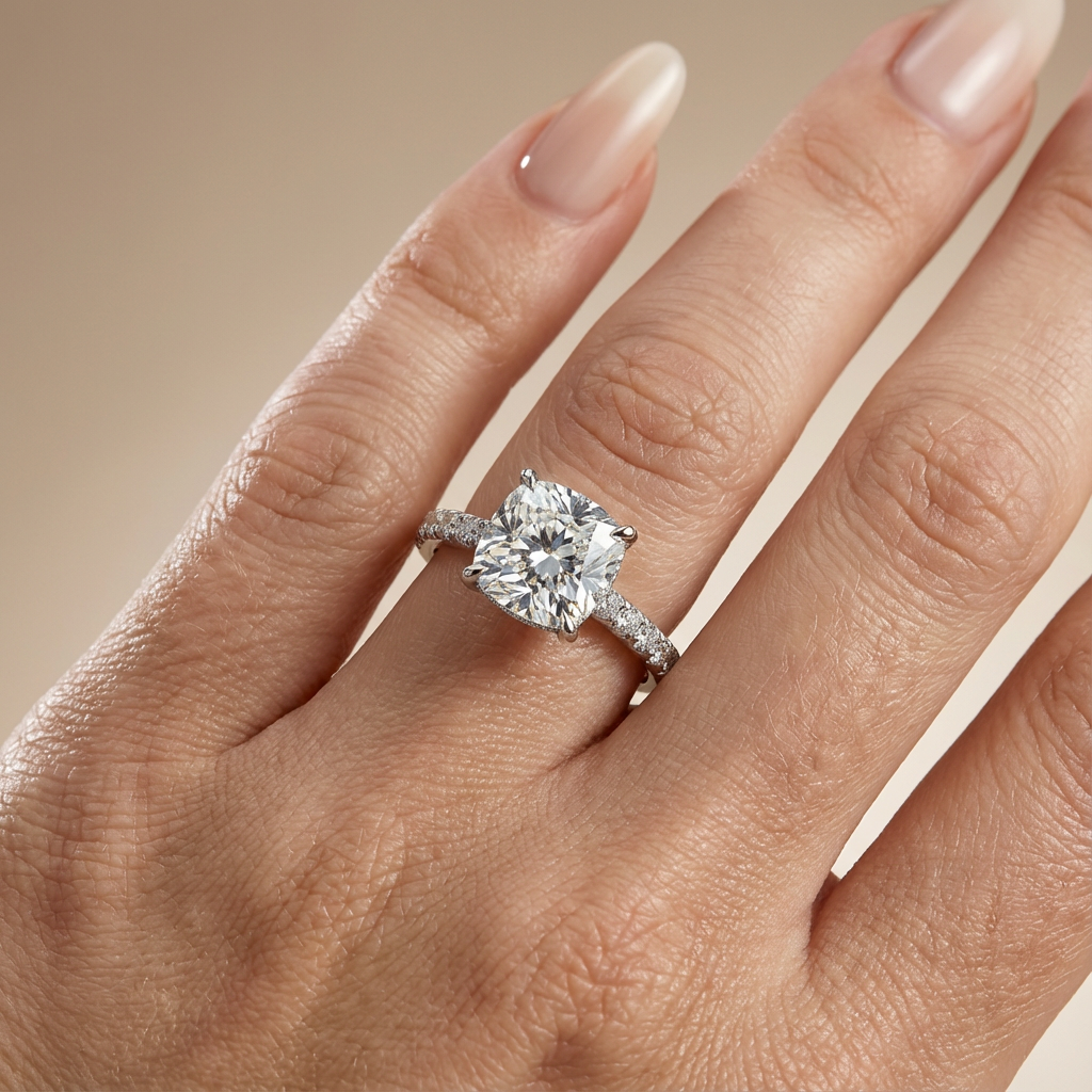 Verlovingsring cushion lab grown diamant met hidden halo en pave band, witgoud