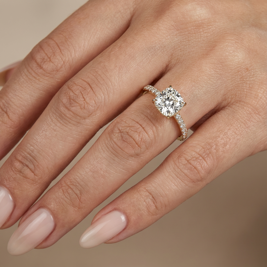 Verlovingsring cushion lab grown diamant met pave band, hidden halo en diamond bridge, geelgoud