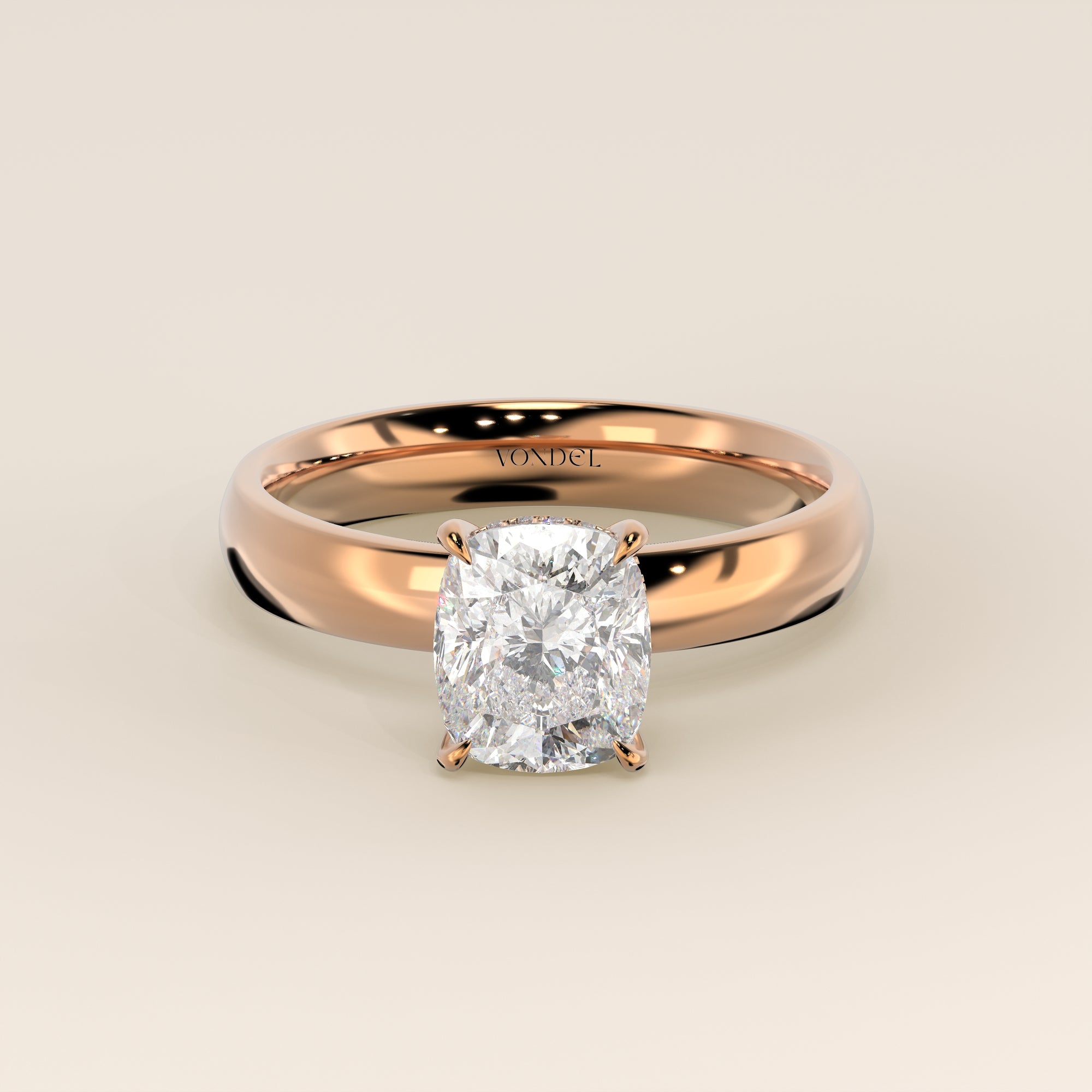 Verlovingsring elongated cushion lab grown diamant met brede band en hidden halo, rosegoud