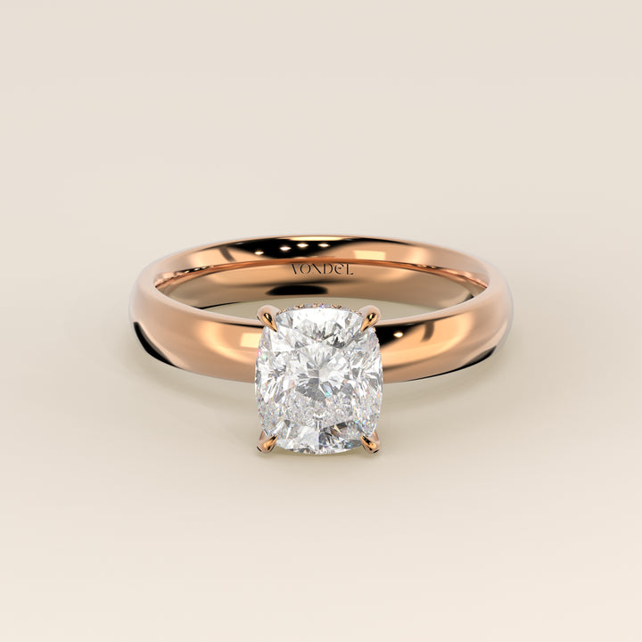 Verlovingsring elongated cushion lab grown diamant met brede band en hidden halo, rosegoud