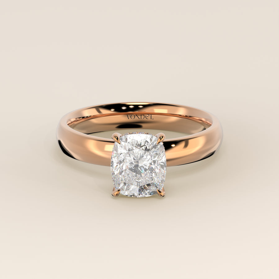 Verlovingsring elongated cushion lab grown diamant met brede band en hidden halo, rosegoud