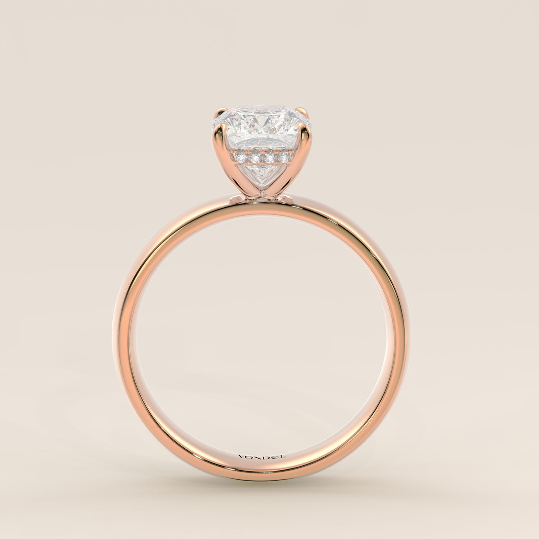 Verlovingsring elongated cushion lab grown diamant met brede band en hidden halo, rosegoud