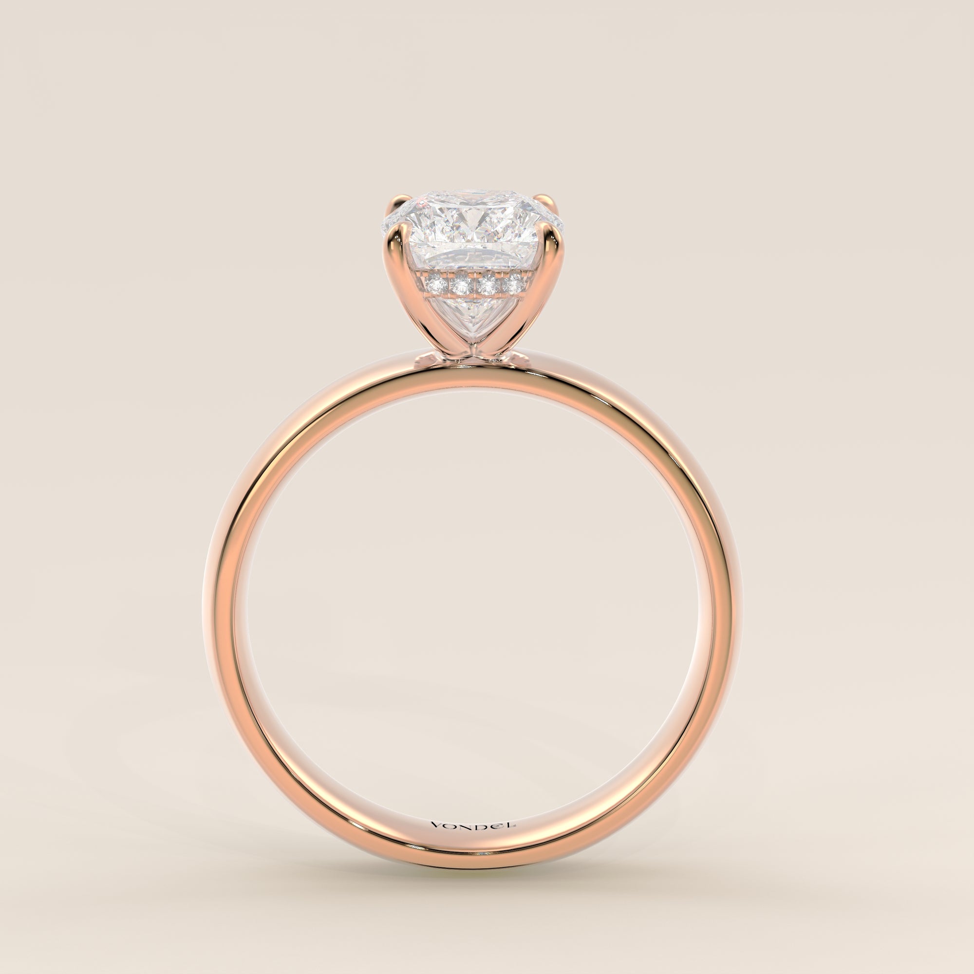 Verlovingsring elongated cushion lab grown diamant met brede band en hidden halo, rosegoud