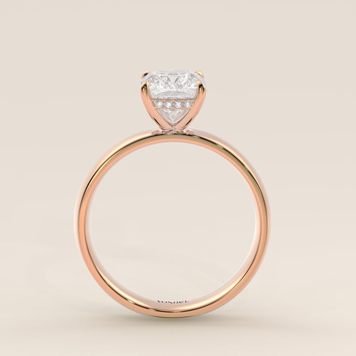 Verlovingsring elongated cushion lab grown diamant met brede band en hidden halo, rosegoud