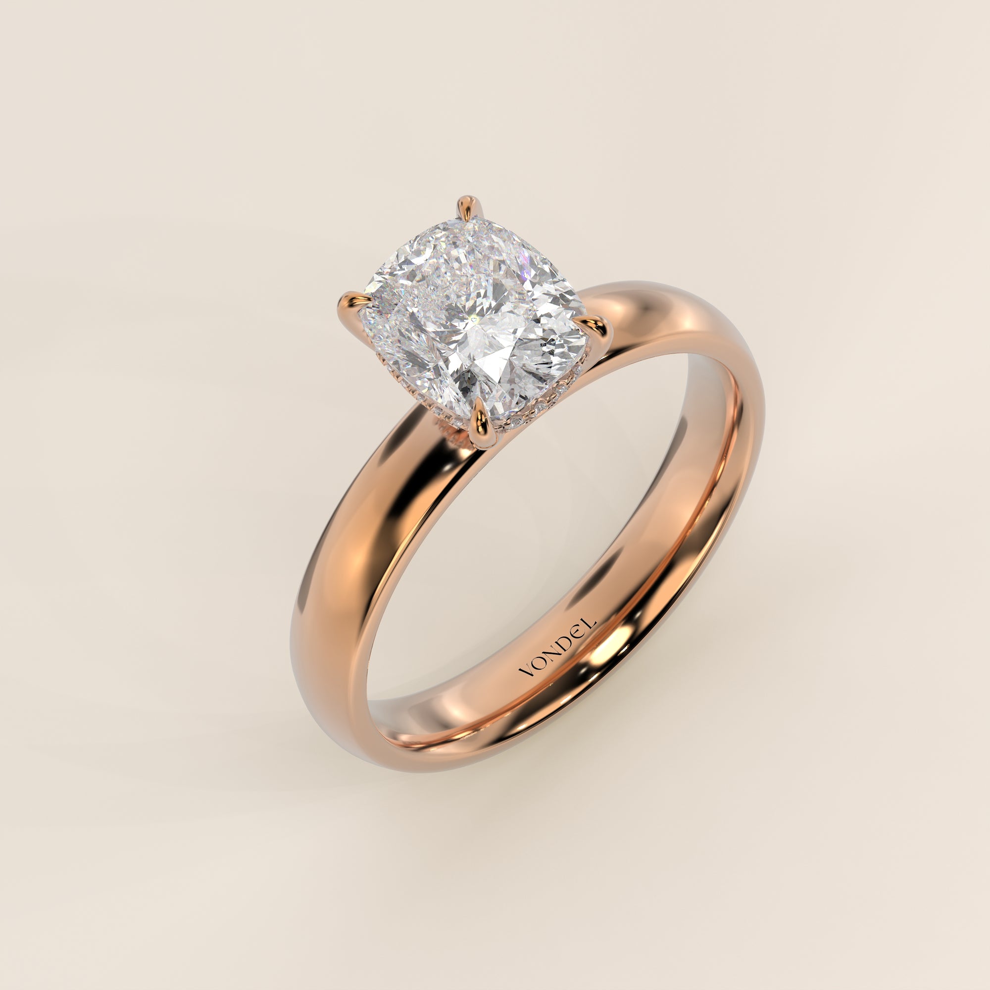 Verlovingsring elongated cushion lab grown diamant met brede band en hidden halo, rosegoud