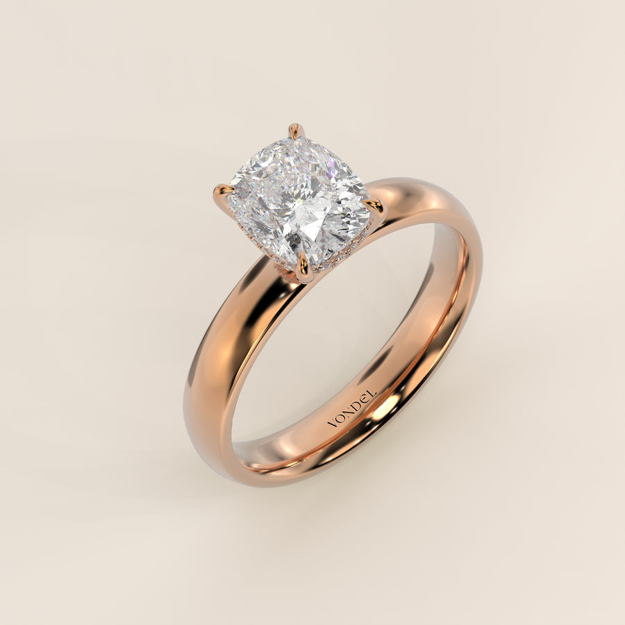 Verlovingsring elongated cushion lab grown diamant met brede band en hidden halo, rosegoud