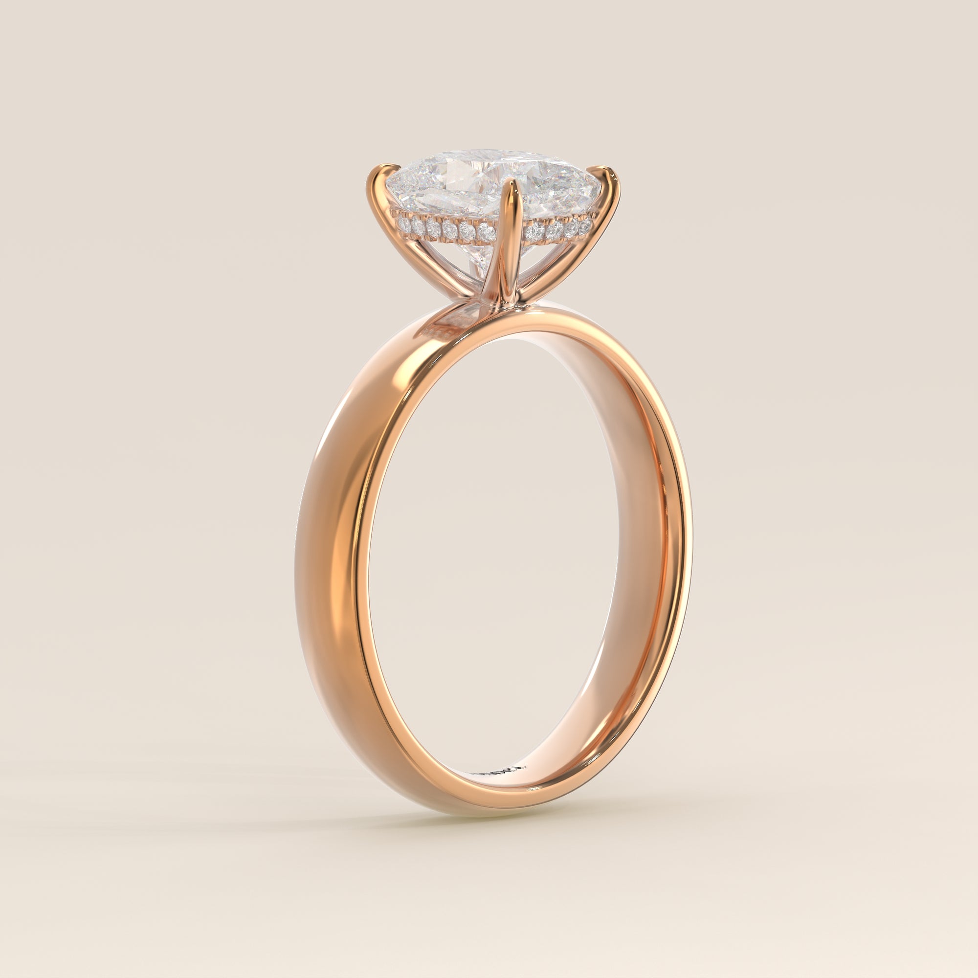 Verlovingsring elongated cushion lab grown diamant met brede band en hidden halo, rosegoud