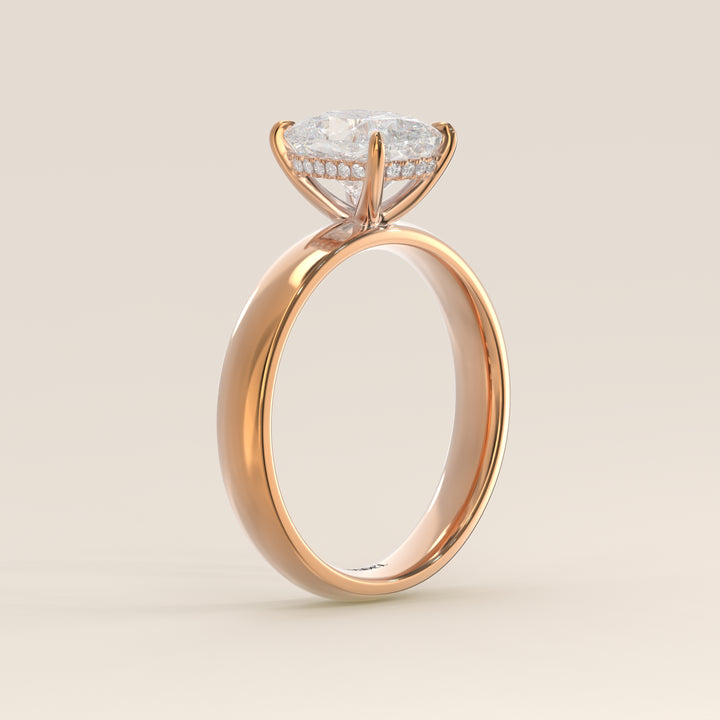 Verlovingsring elongated cushion lab grown diamant met brede band en hidden halo, rosegoud