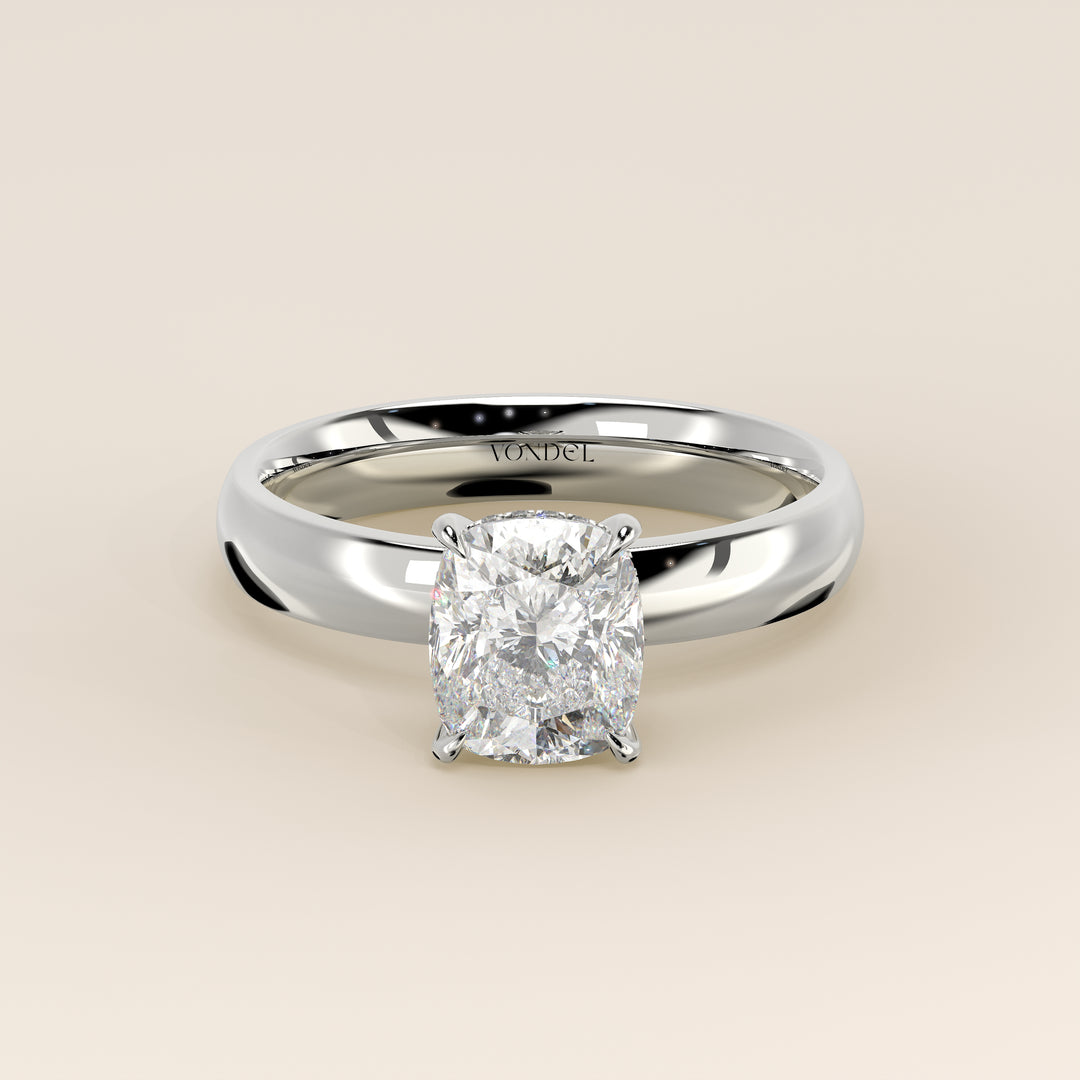 Verlovingsring elongated cushion lab grown diamant met brede band en hidden halo, witgoud
