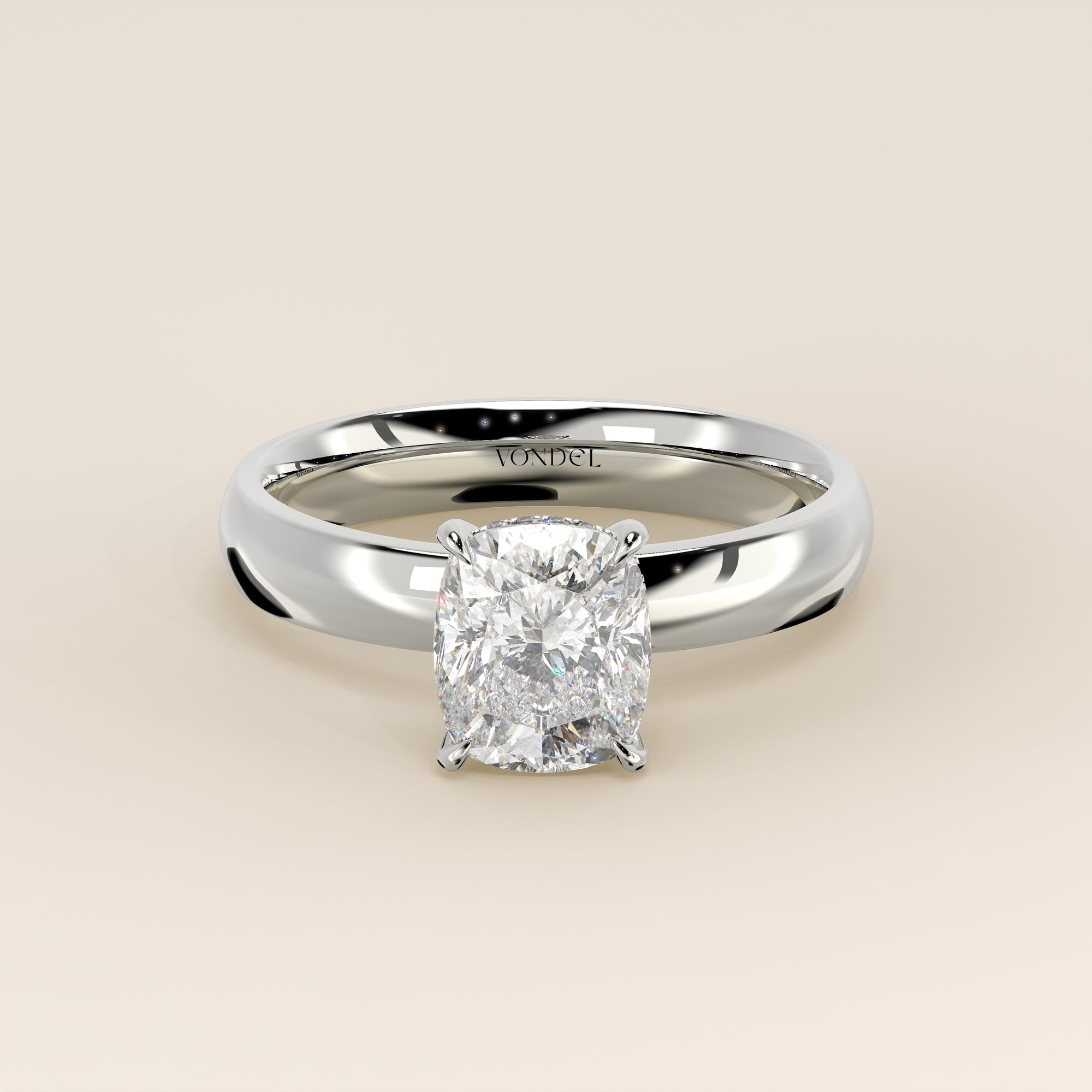 Verlovingsring elongated cushion lab grown diamant met brede band en hidden halo, witgoud