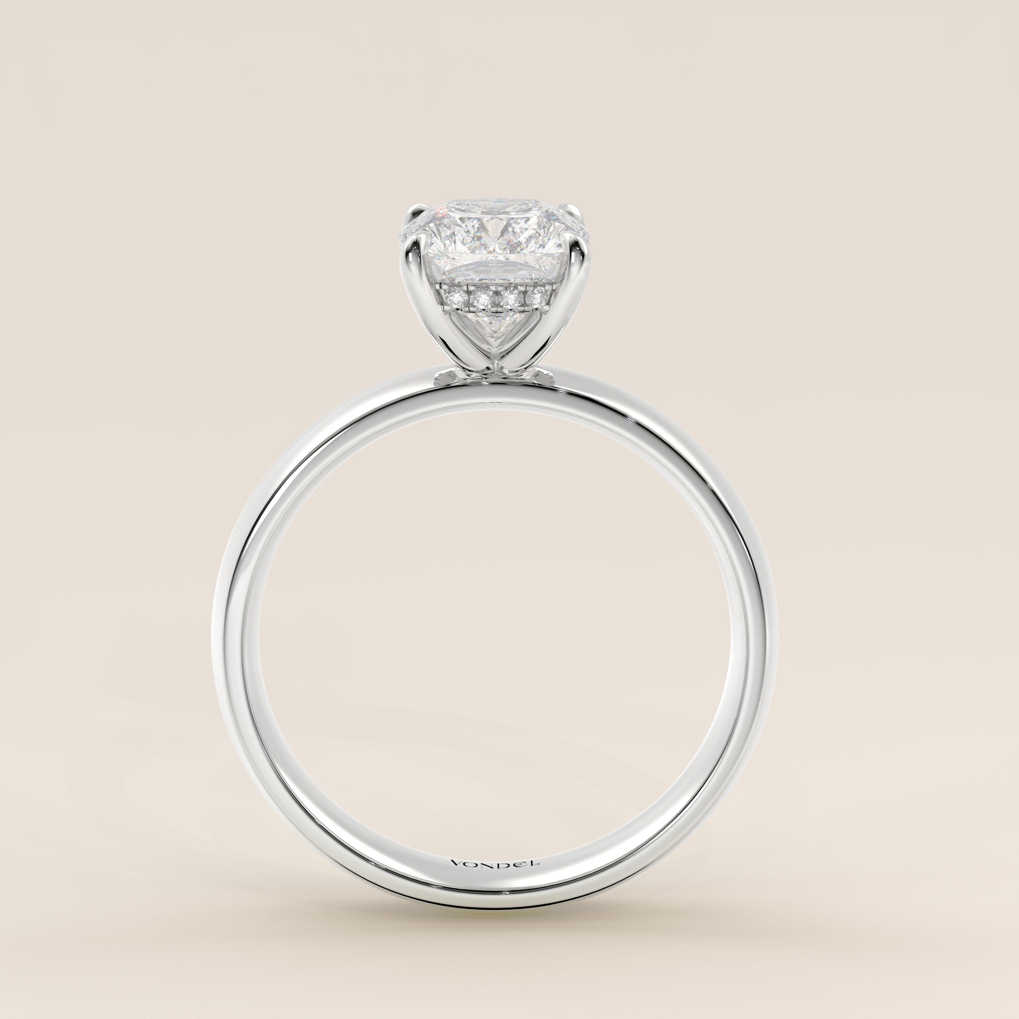 Verlovingsring elongated cushion lab grown diamant met brede band en hidden halo, witgoud