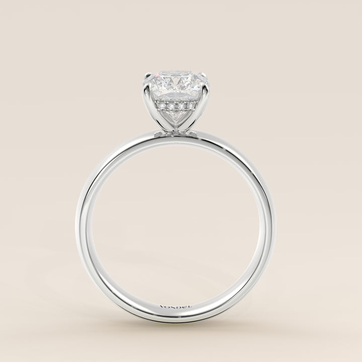 Verlovingsring elongated cushion lab grown diamant met brede band en hidden halo, witgoud
