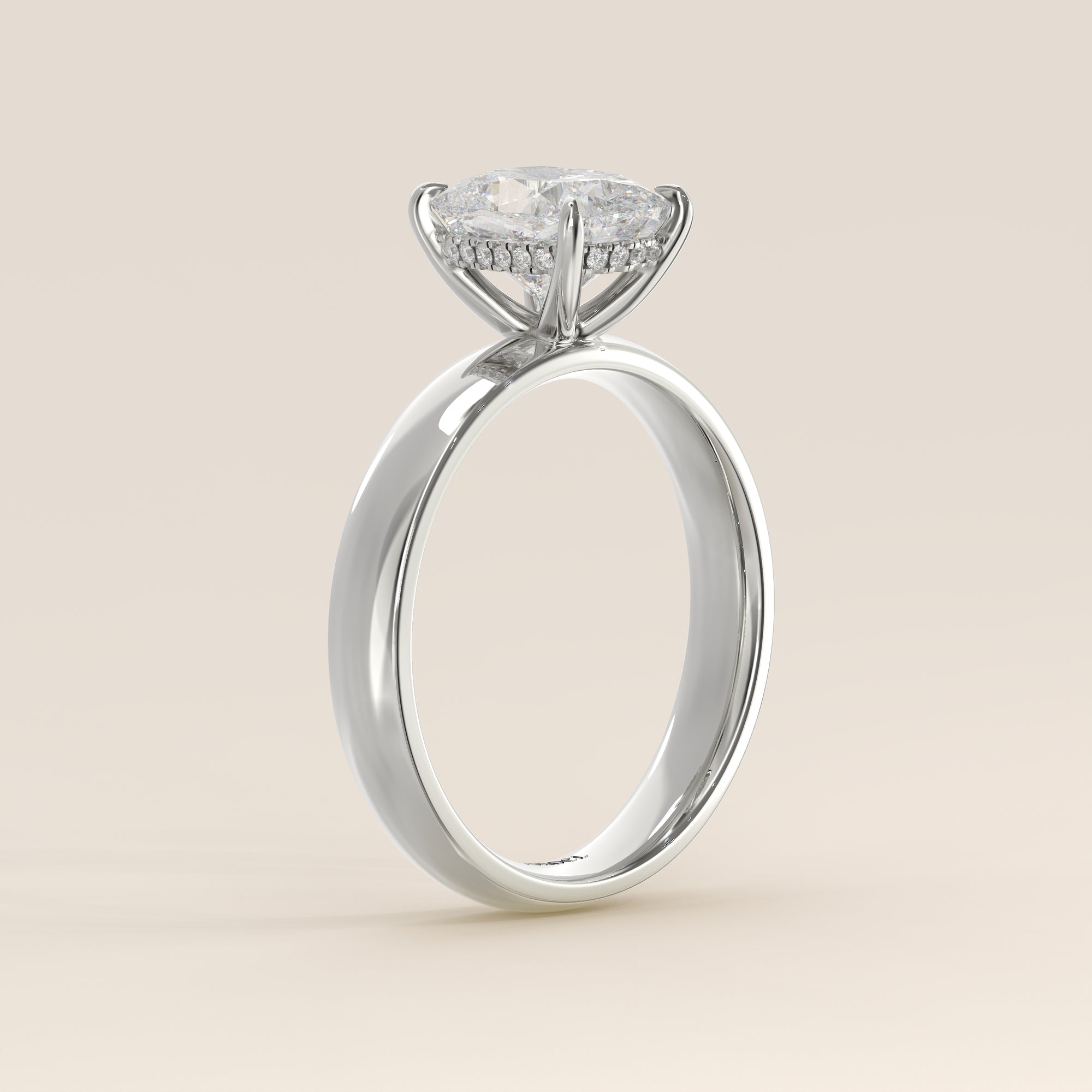 Verlovingsring elongated cushion lab grown diamant met brede band en hidden halo, witgoud