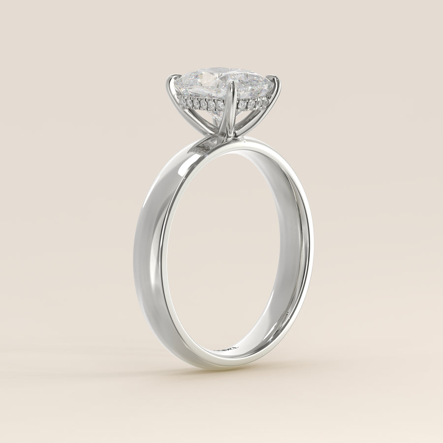 Verlovingsring elongated cushion lab grown diamant met brede band en hidden halo, witgoud