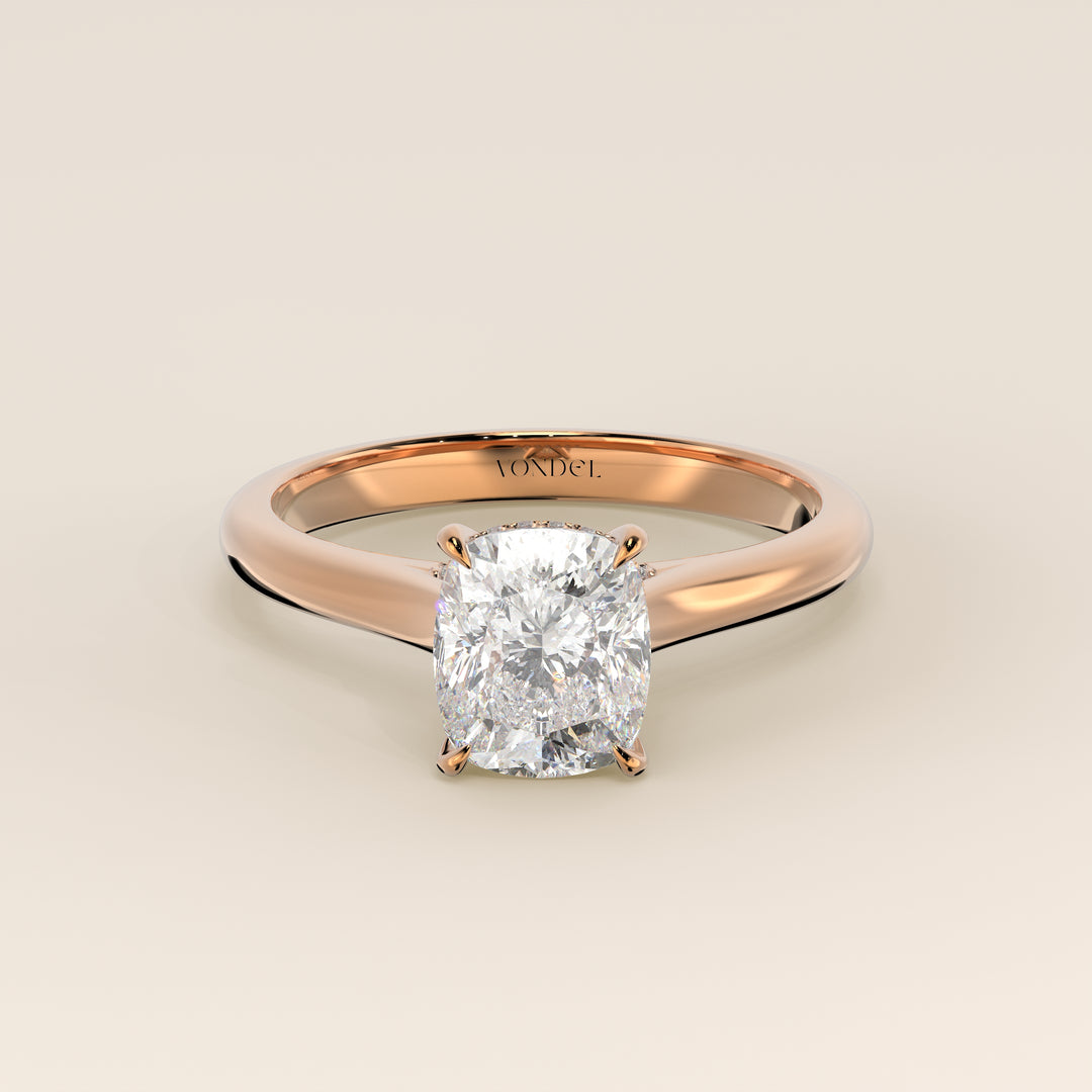 Verlovingsring elongated cushion lab grown diamant met cathedral setting, hidden halo en diamond bridge, rosegoud