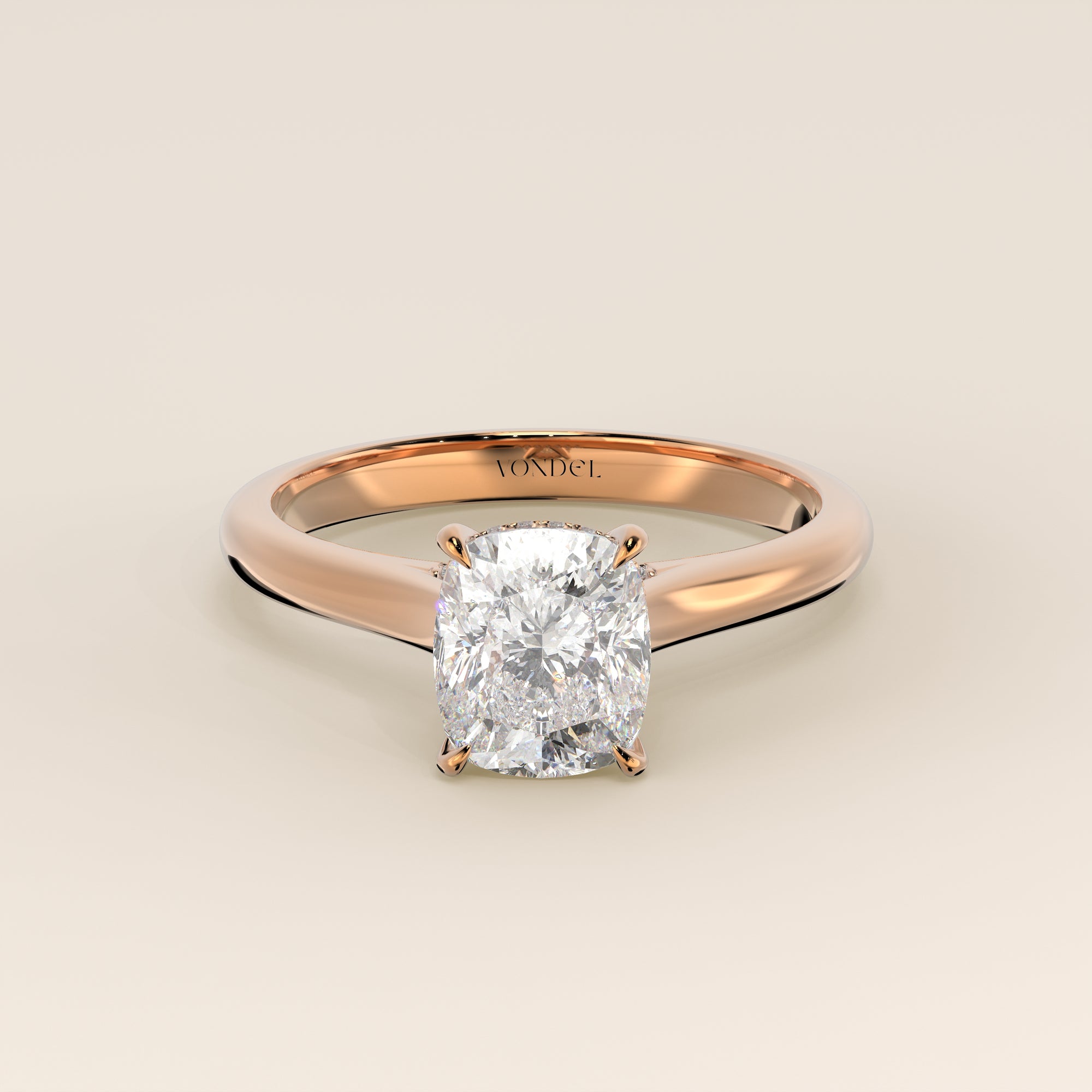 Verlovingsring elongated cushion lab grown diamant met cathedral setting, hidden halo en diamond bridge, rosegoud