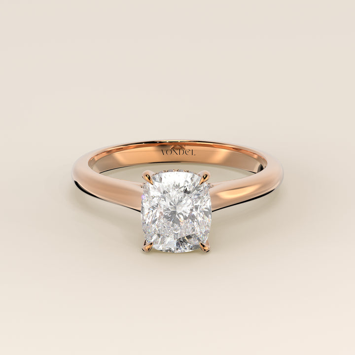 Verlovingsring elongated cushion lab grown diamant met cathedral setting, hidden halo en diamond bridge, rosegoud