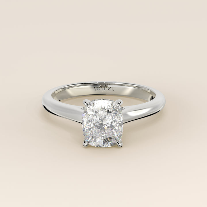 Verlovingsring elongated cushion lab grown diamant met cathedral setting, hidden halo en diamond bridge, witgoud