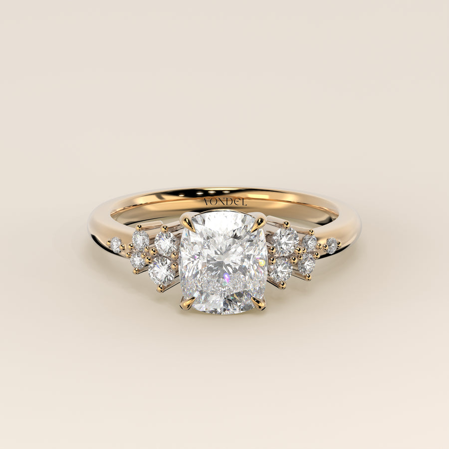 Verlovingsring elongated cushion lab grown diamant met hidden halo en lage zetting, geelgoud