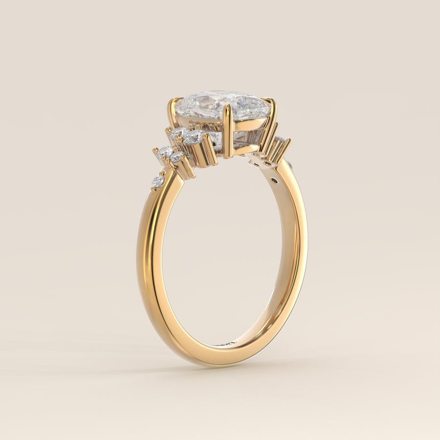 Verlovingsring elongated cushion lab grown diamant met hidden halo en lage zetting, geelgoud