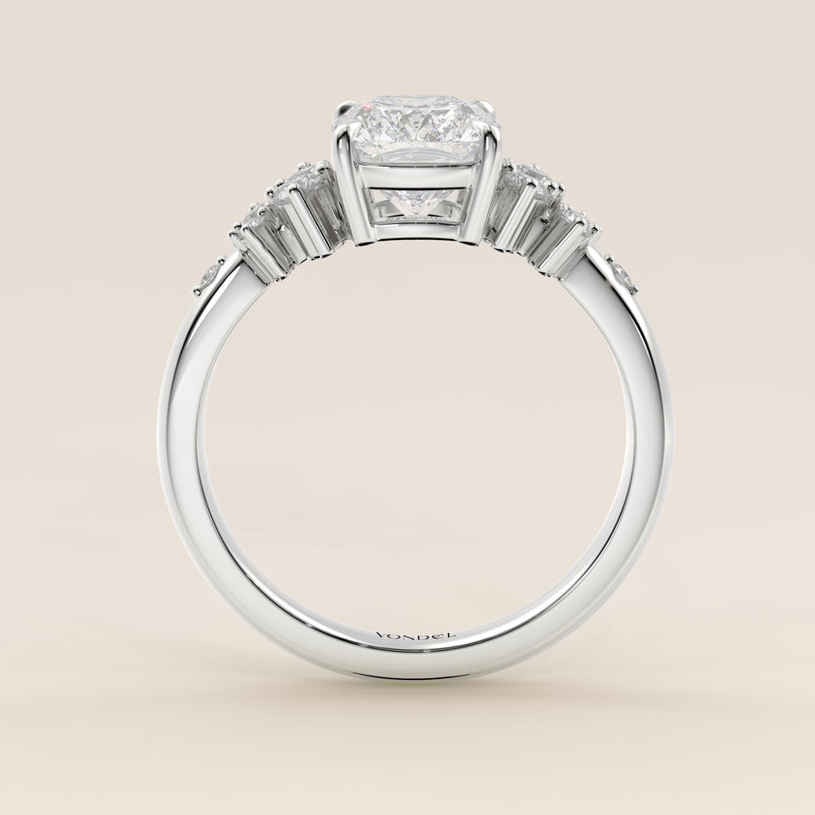 Verlovingsring elongated cushion lab grown diamant met hidden halo en lage zetting, witgoud