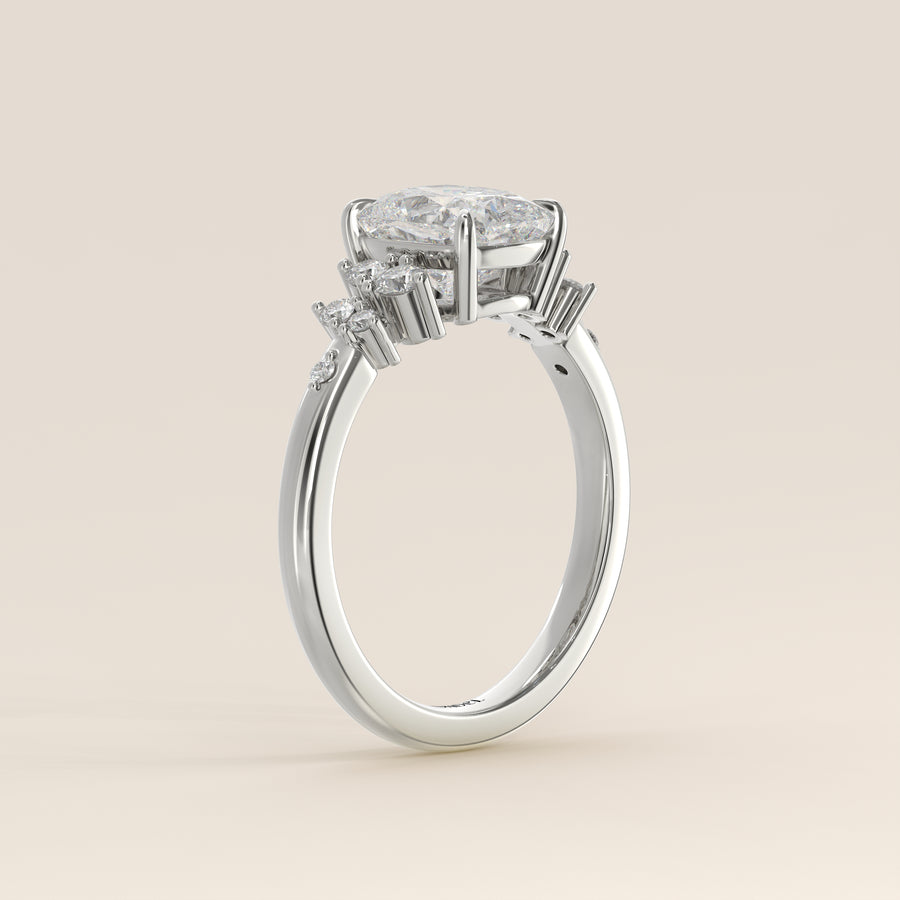 Verlovingsring elongated cushion lab grown diamant met hidden halo en lage zetting, witgoud