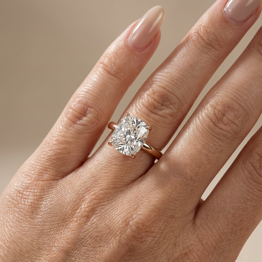 Verlovingsring elongated cushion lab grown diamant met hidden halo, rosegoud