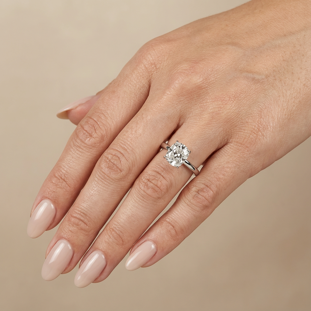 Verlovingsring elongated cushion lab grown diamant met hidden halo, witgoud