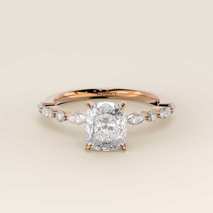 Verlovingsring elongated cushion lab grown diamant met marquise- en ronde diamantband, rosegoud