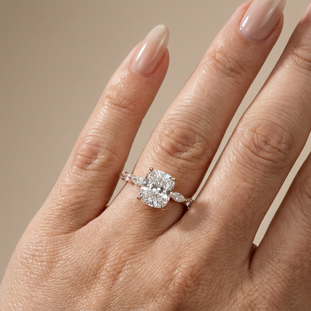 Verlovingsring elongated cushion lab grown diamant met marquise- en ronde diamantband, rosegoud