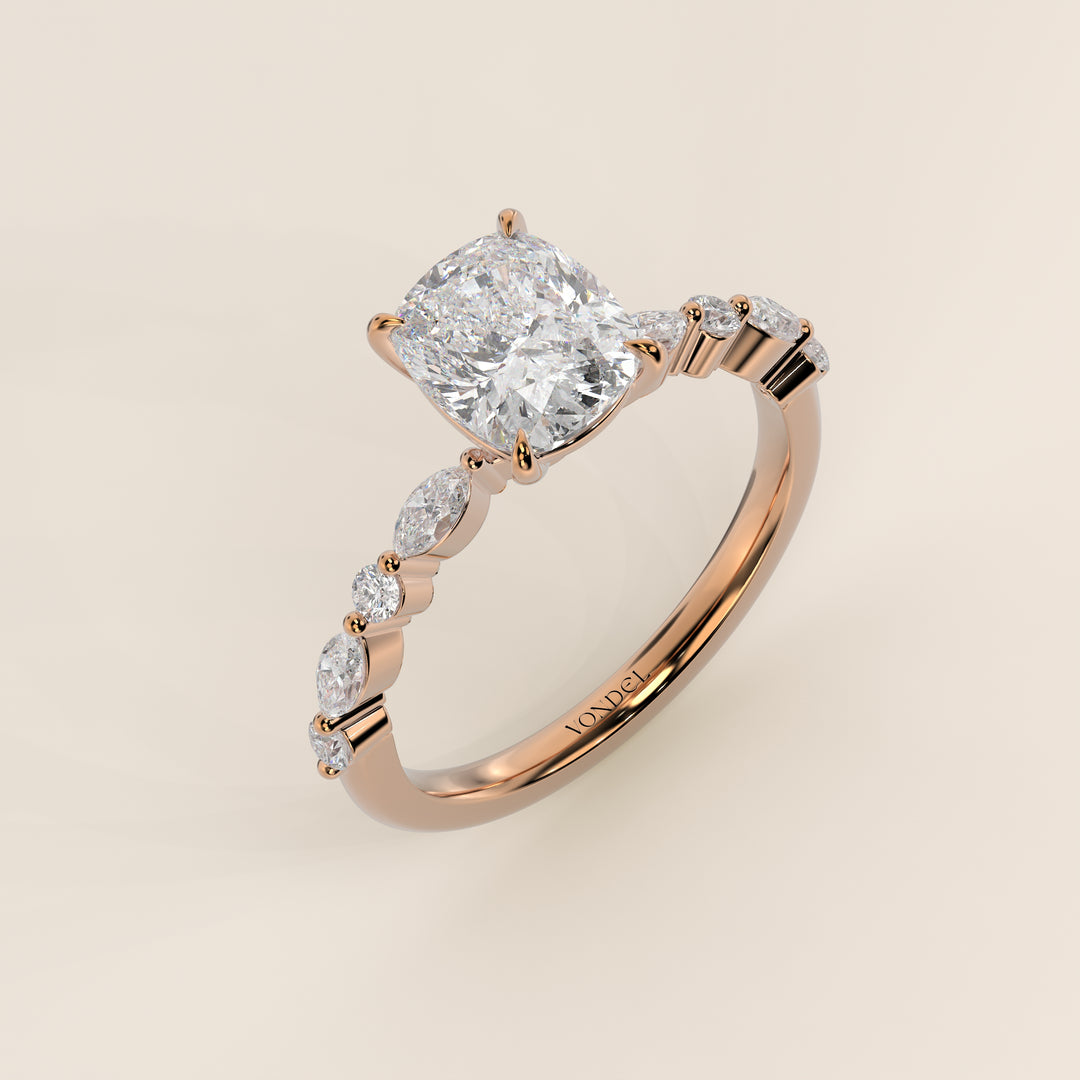 Verlovingsring elongated cushion lab grown diamant met marquise- en ronde diamantband, rosegoud