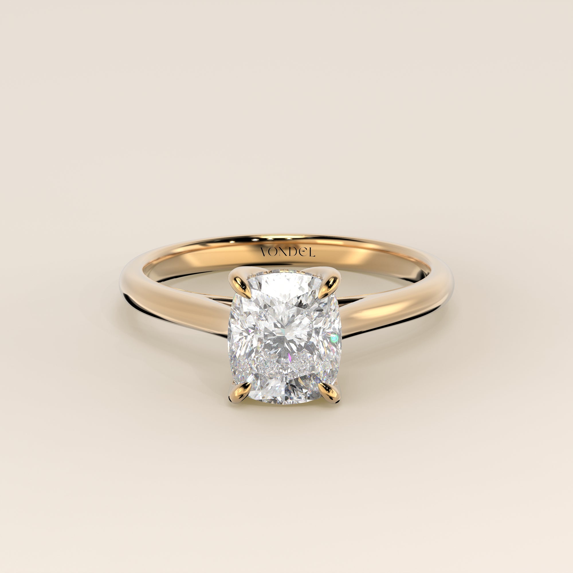 Verlovingsring elongated cushion lab grown diamant met petal prongs en hidden halo, geelgoud