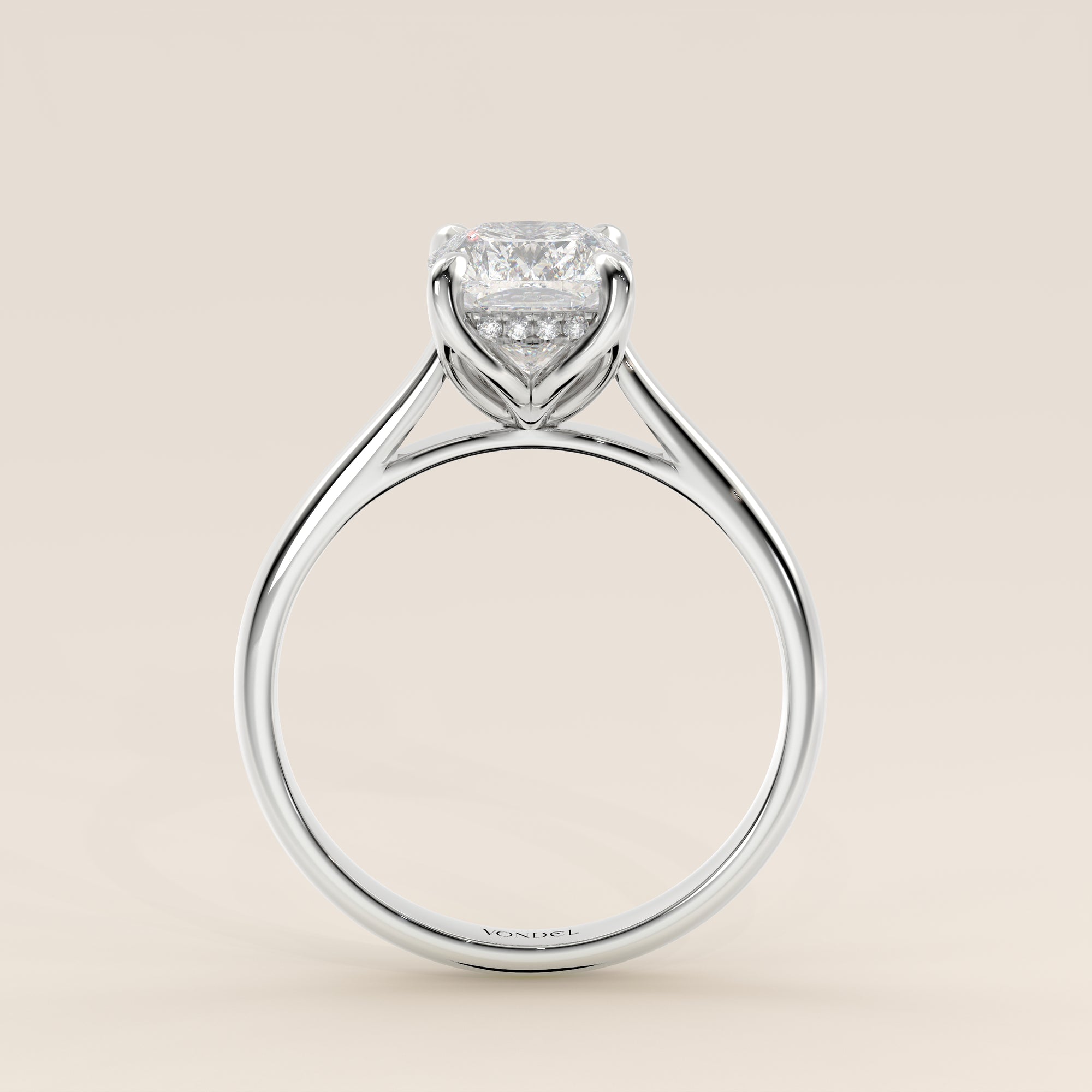 Verlovingsring elongated cushion lab grown diamant met petal prongs en hidden halo, witgoud