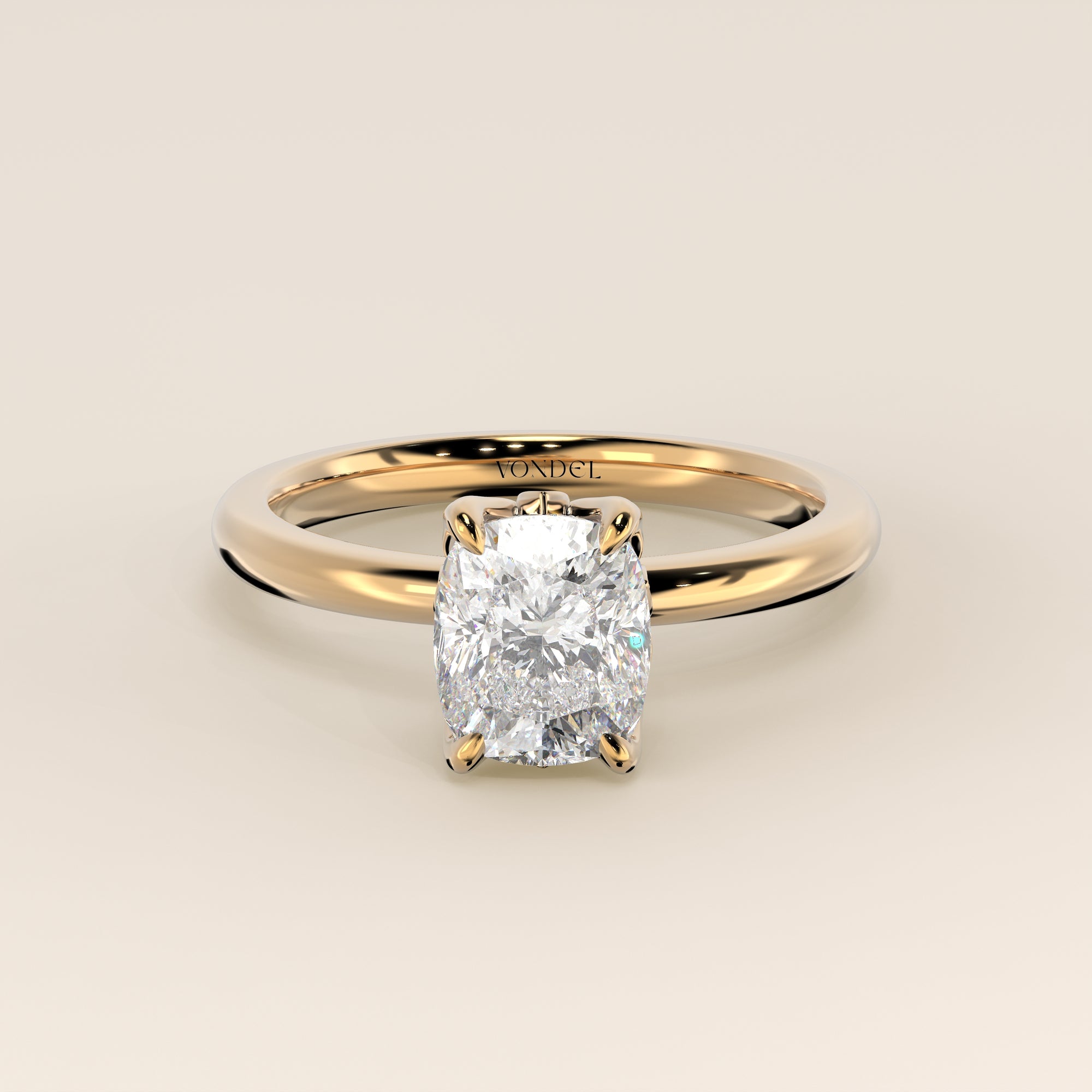 Verlovingsring elongated cushion lab grown diamant met petal prongs, geelgoud